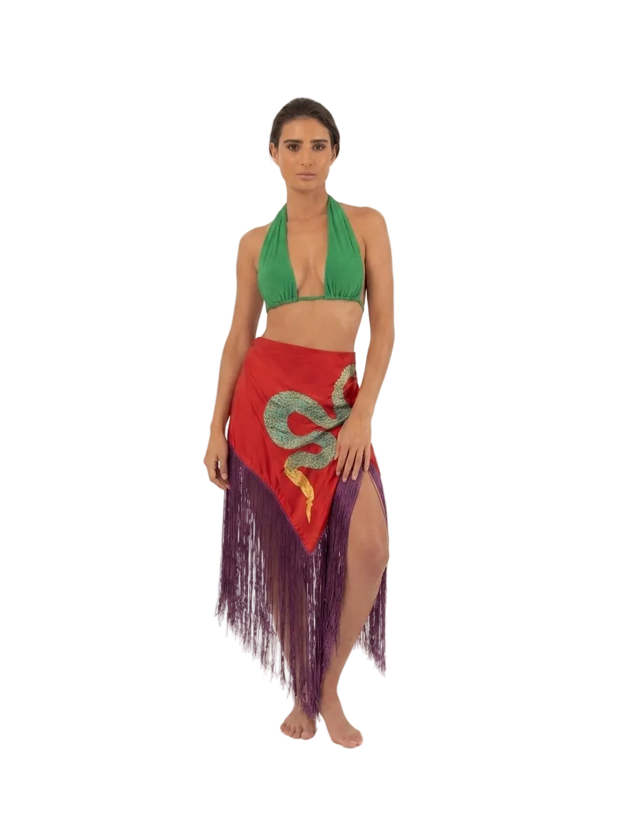 Crimson Serpent Fringe Wrap Skirt